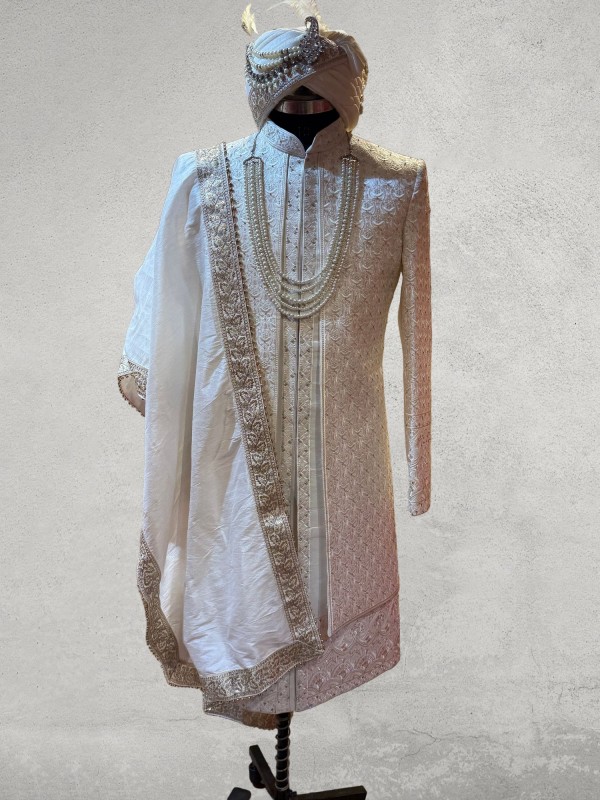 Designer double layer sherwani with baby pink embroidery