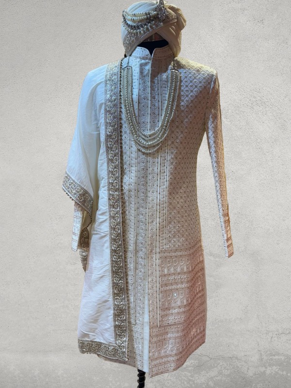 Off white layered sherwani with embroidery