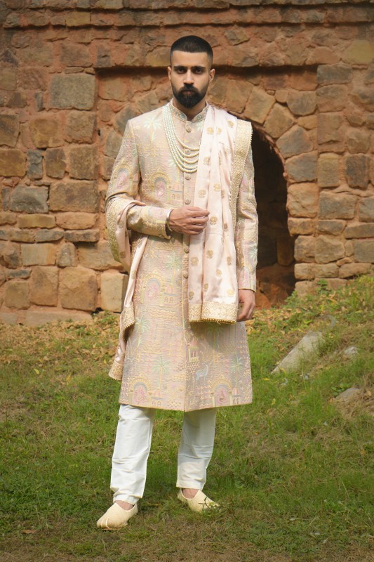 Rose gold Sherwani with multicolour embroidery