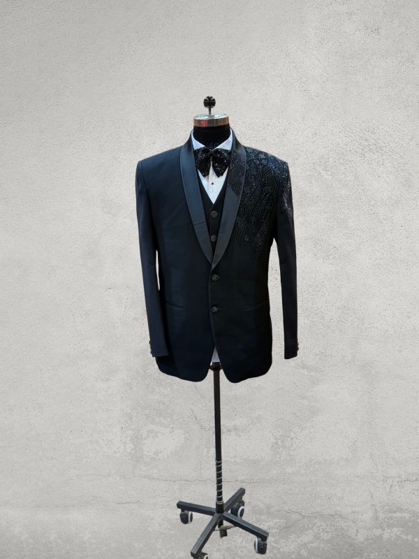 Black designer embroidered 3 piece tuxedo