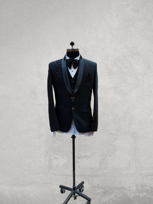 Black designer embroidered 3 piece tuxedo